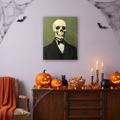 Tableau peinture par numéro Squelette en Smoking accroché dans un salon décoré pour Halloween — Maison Artsen