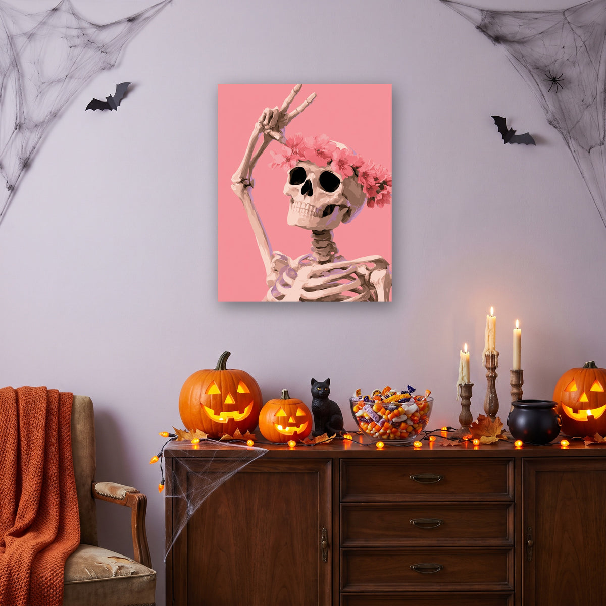 Tableau peinture par numéro Squelette Hippie accroché dans un salon décoré pour Halloween — Maison Artsen