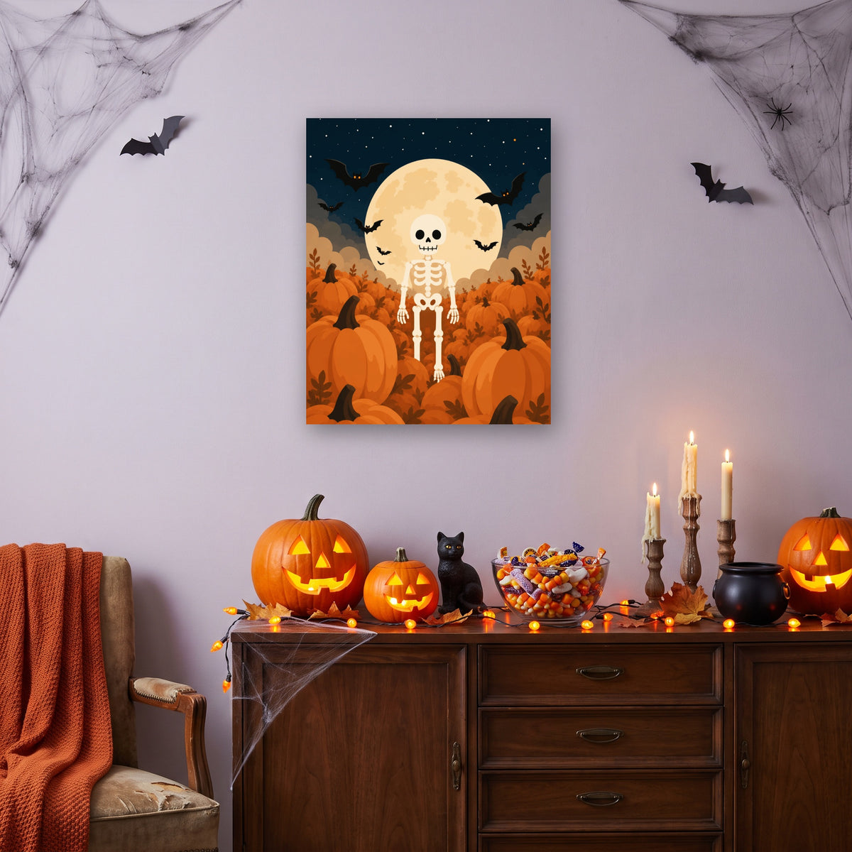 Tableau peinture par numéro Squelette sous la Lune accroché dans un salon décoré pour Halloween — Maison Artsen