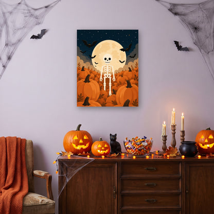 Tableau peinture par numéro Squelette sous la Lune accroché dans un salon décoré pour Halloween — Maison Artsen