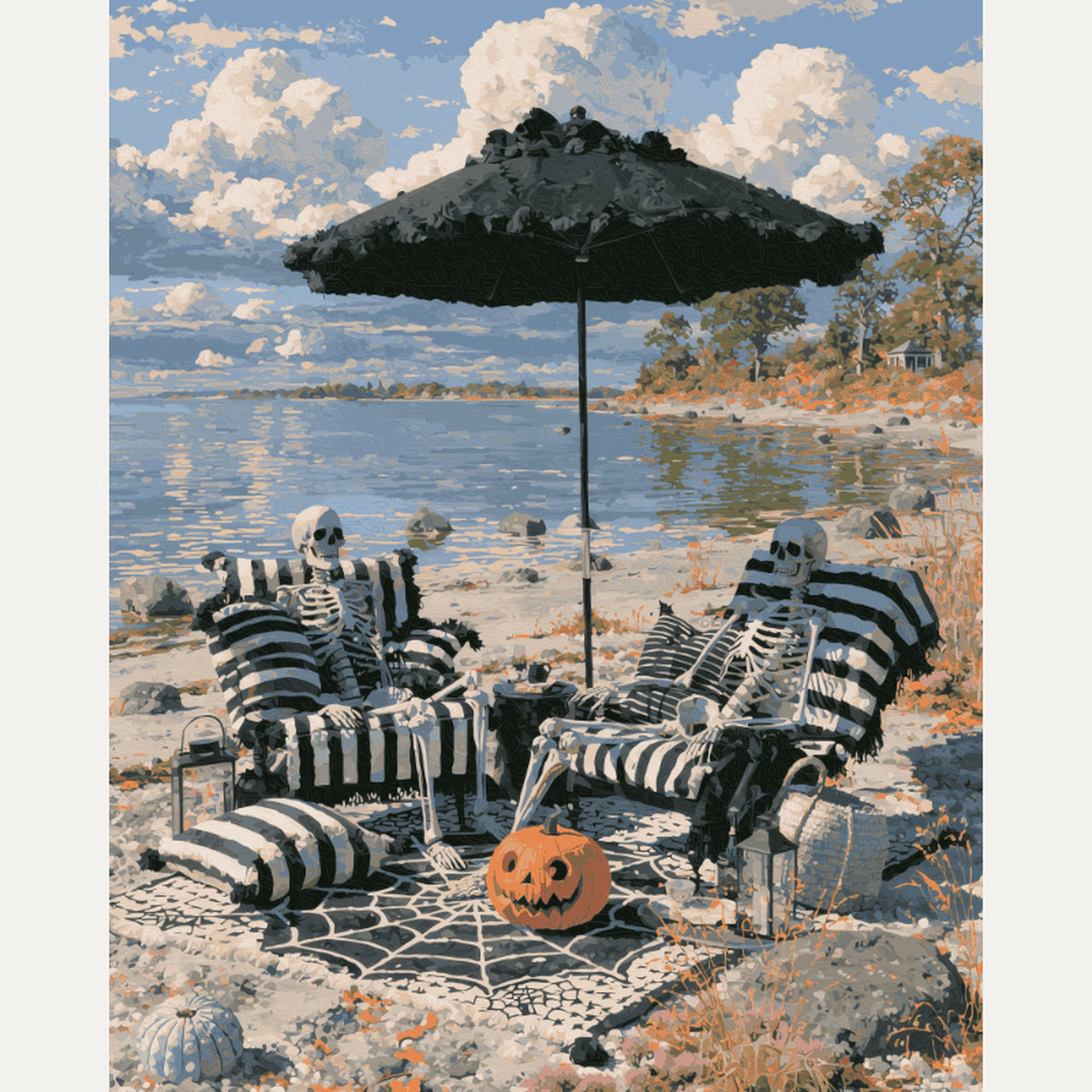 Peinture par numéro adulte Squelettes à la Plage, visuel complet du design — Maison Artsen