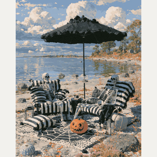 Peinture par numéro adulte Squelettes à la Plage, visuel complet du design — Maison Artsen