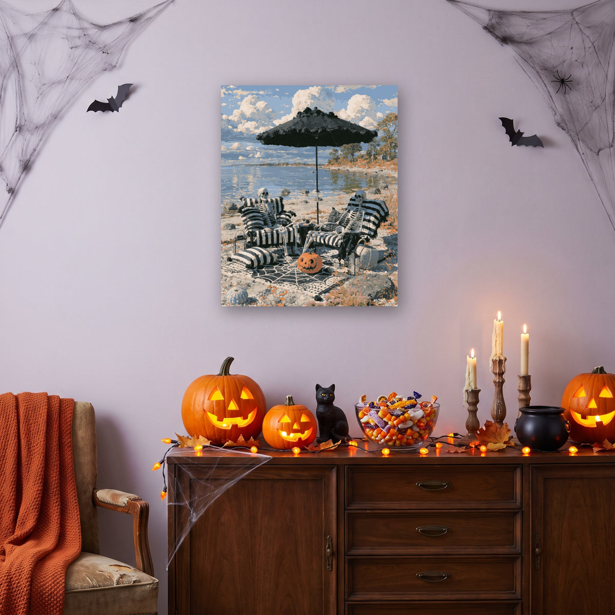 Tableau peinture par numéro Squelettes à la Plage accroché dans un salon décoré pour Halloween — Maison Artsen