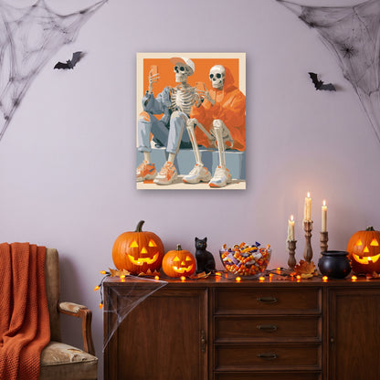 Tableau peinture par numéro Squelettes Branchés accroché dans un salon décoré pour Halloween — Maison Artsen
