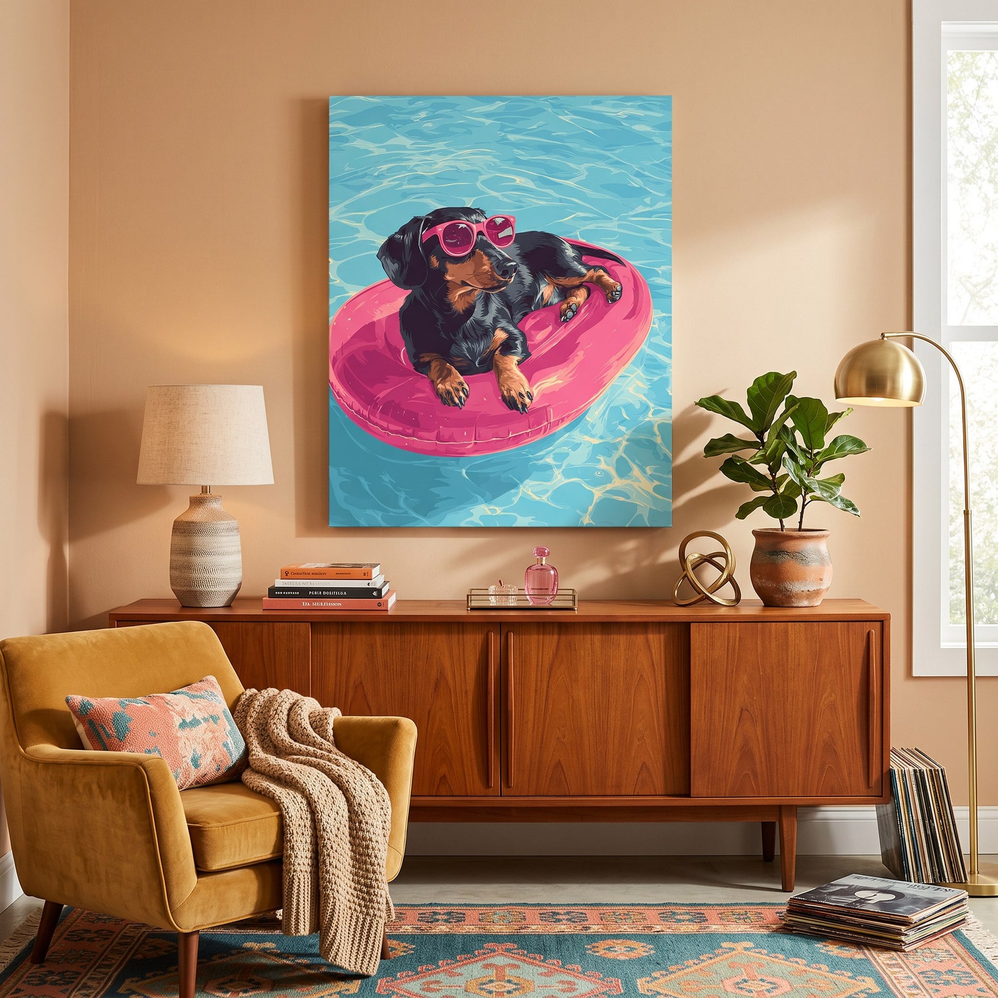 Tableau peinture par numéro Teckel à la Piscine accroché dans un intérieur décoré — Maison Artsen