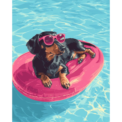 Modèle à peindre Teckel à la Piscine, peinture par numéro 30×40 cm — Maison Artsen