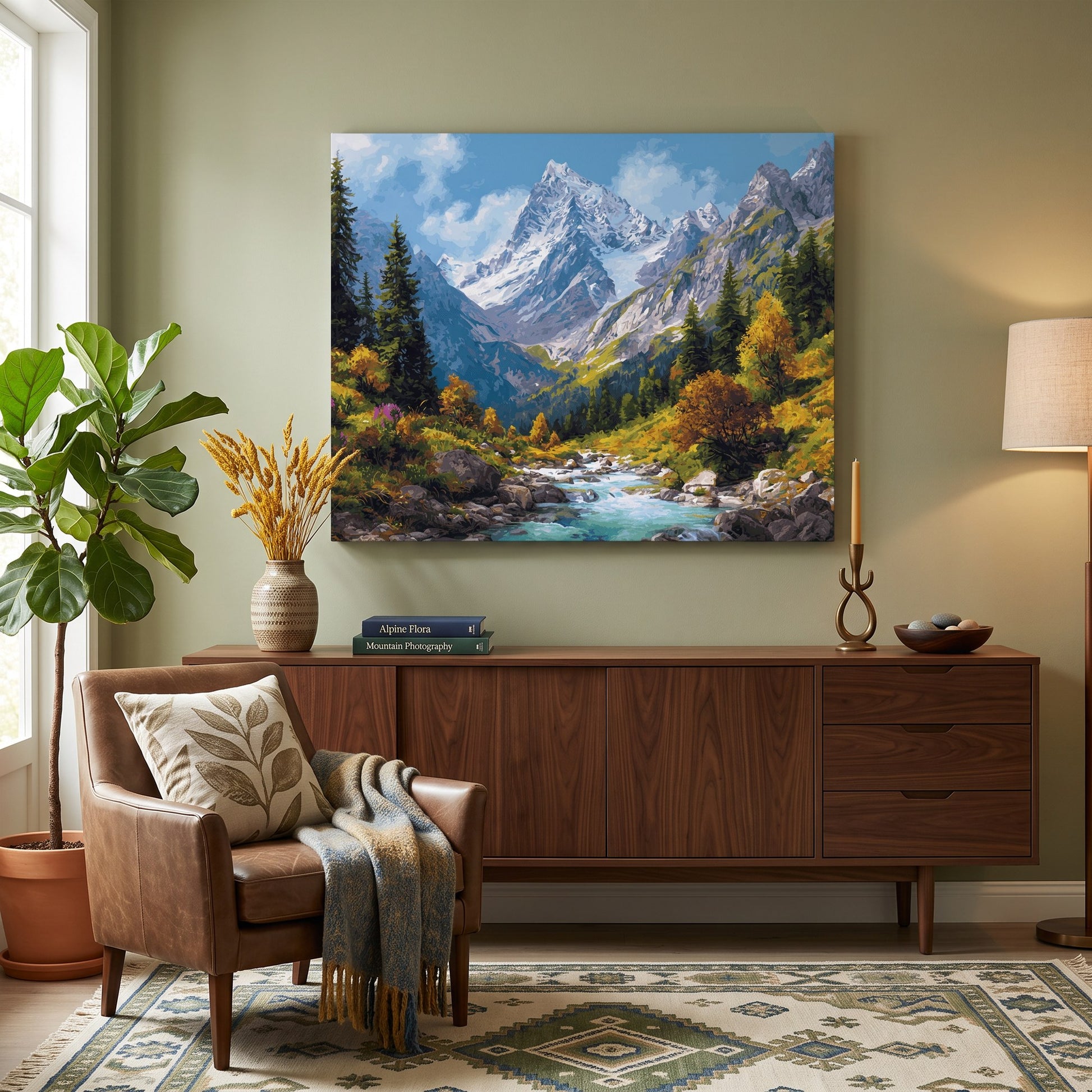 Tableau peinture par numéro Torrent de Montagne accroché dans un intérieur décoré — Maison Artsen