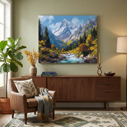 Tableau peinture par numéro Torrent de Montagne accroché dans un intérieur décoré — Maison Artsen