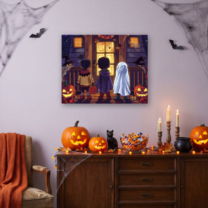 Tableau peinture par numéro Tournée des Bonbons accroché dans un salon décoré pour Halloween — Maison Artsen