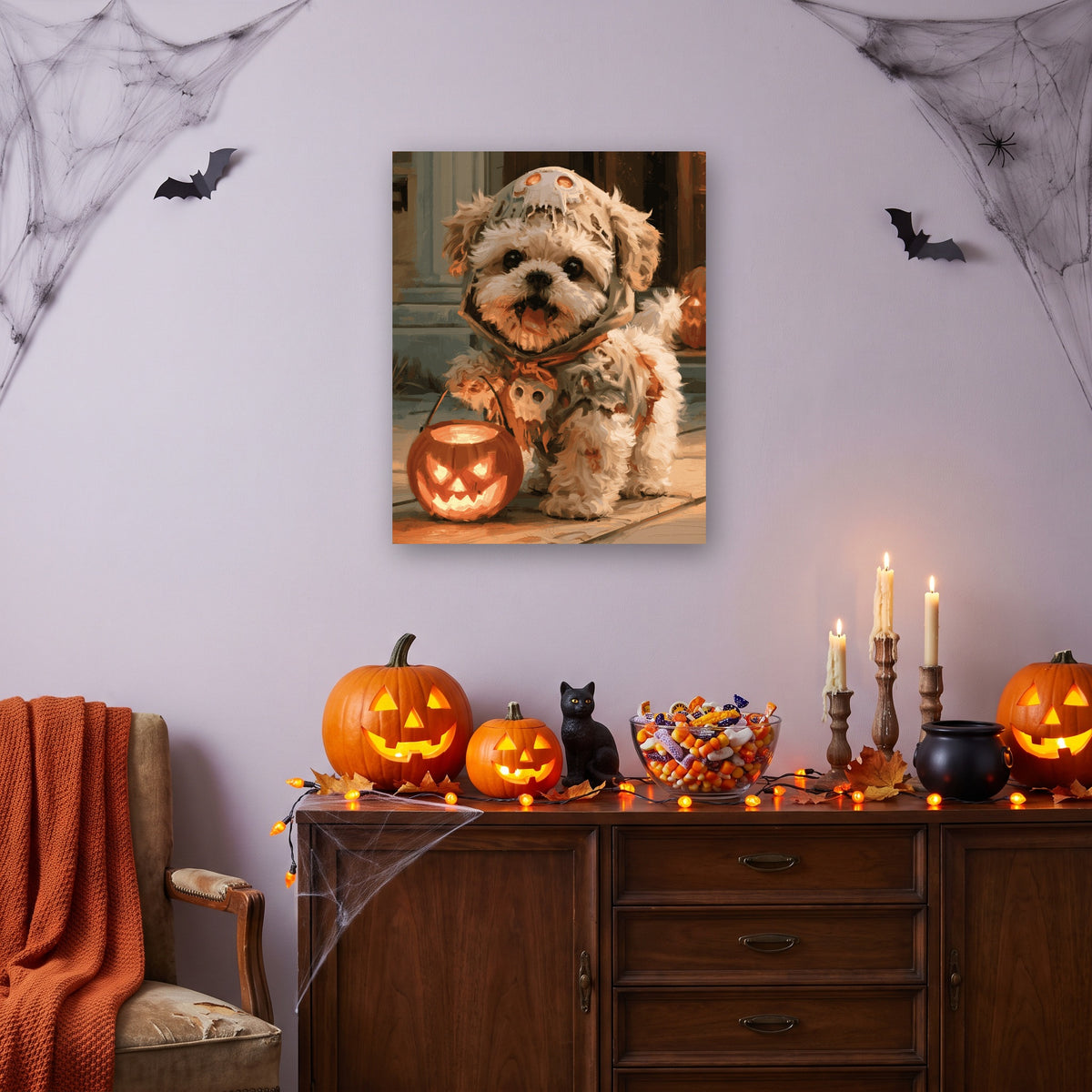 Tableau peinture par numéro Toutou Costumé accroché dans un salon décoré pour Halloween — Maison Artsen