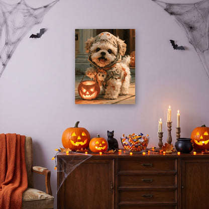 Tableau peinture par numéro Toutou Costumé accroché dans un salon décoré pour Halloween — Maison Artsen
