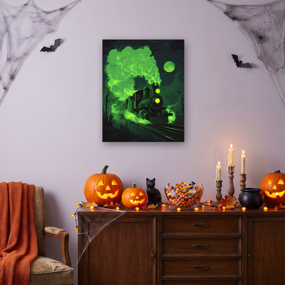 Tableau peinture par numéro Train Fantôme accroché dans un intérieur décoré, Maison Artsen