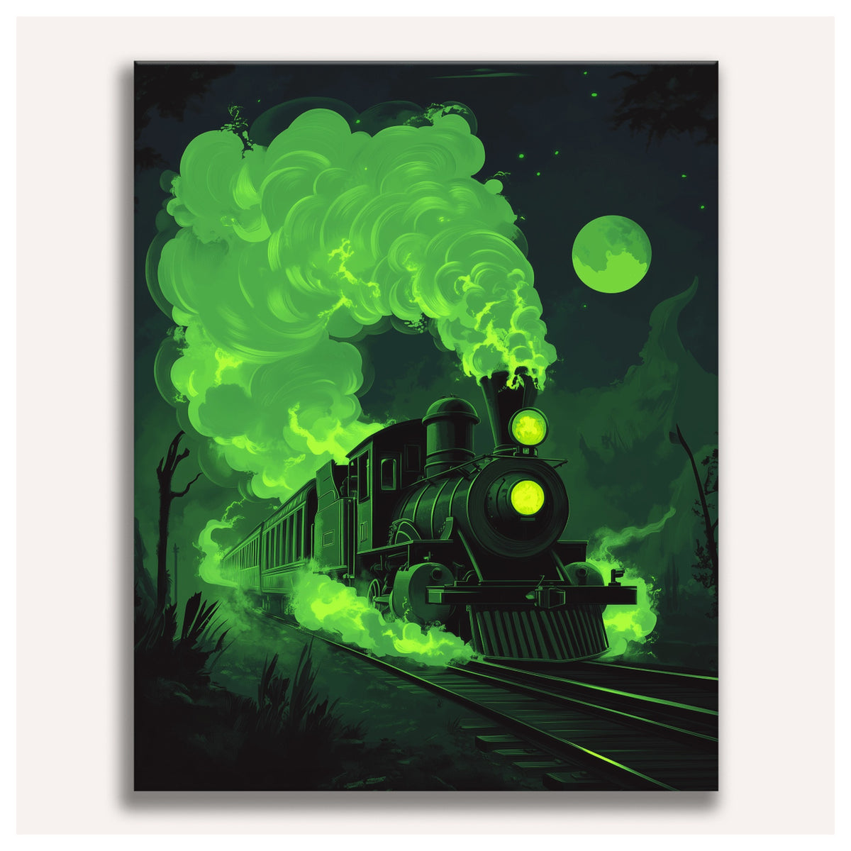 Peinture par numéro adulte Train Fantôme, visuel complet du design sur toile, Maison Artsen
