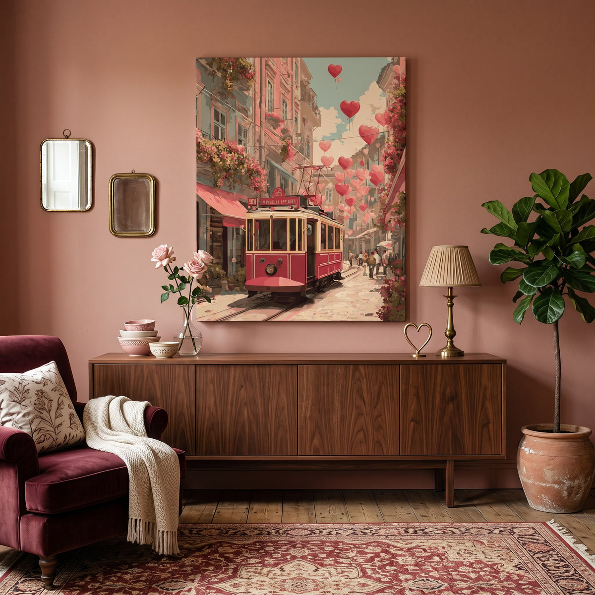 Tableau peinture par numéro Tramway de l'Amour accroché dans un intérieur décoré — Maison Artsen