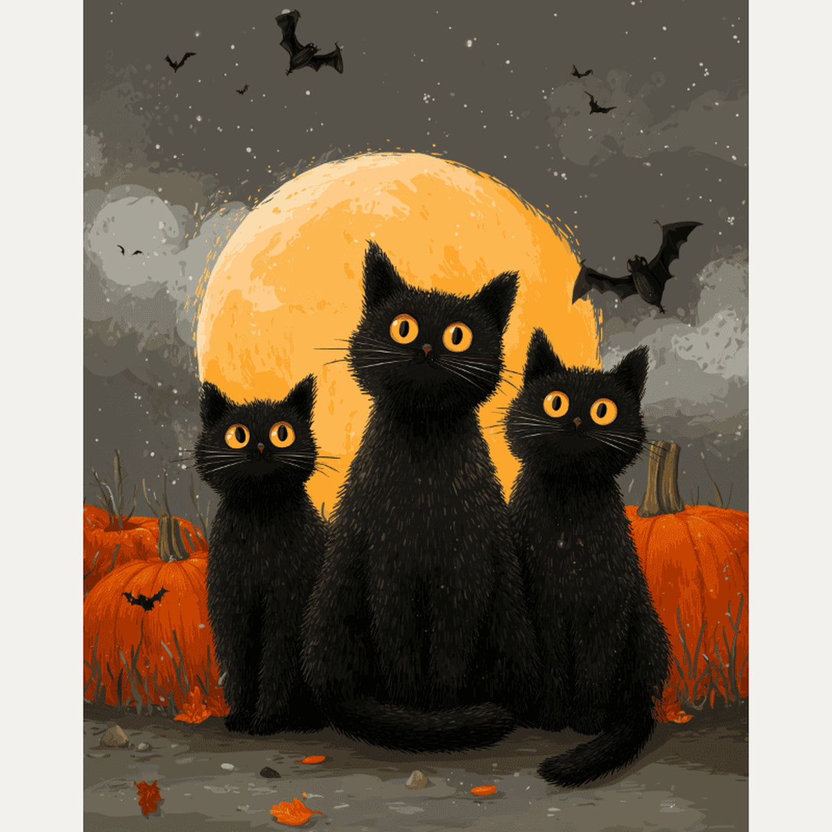 Peinture par numéro adulte Trio de Chats Noirs, visuel complet du design — Maison Artsen