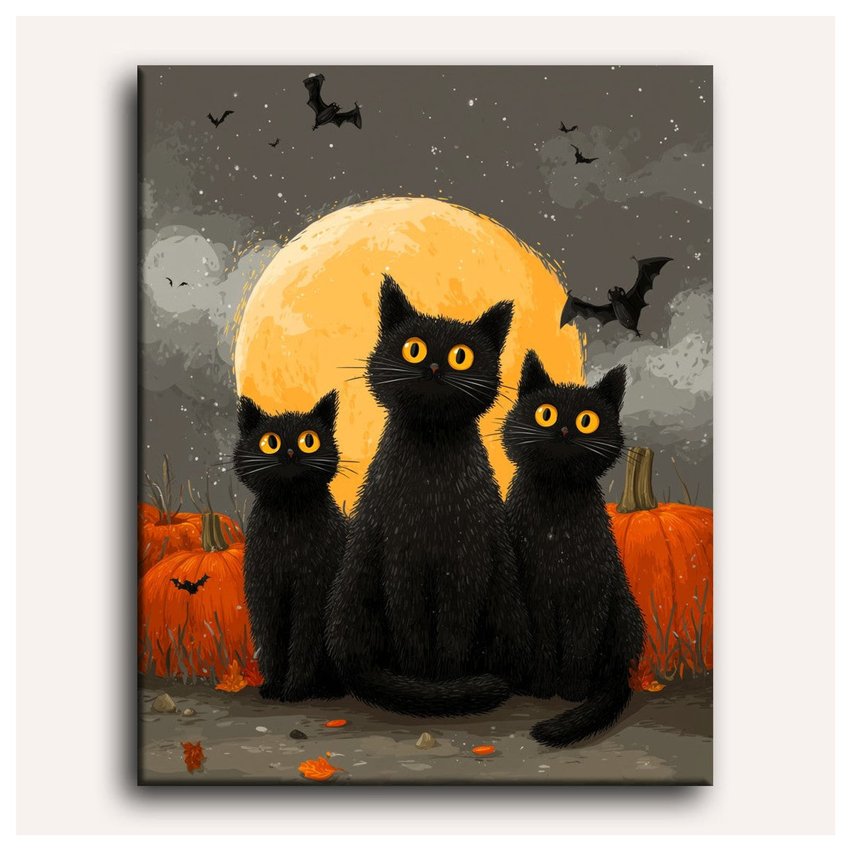 Peinture par numéro adulte Trio de Chats Noirs, toile tendue vue de face — Maison Artsen