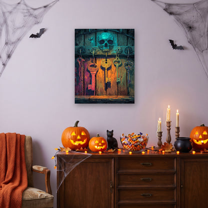 Tableau peinture par numéro Trousseau Hanté accroché dans un salon décoré pour Halloween — Maison Artsen