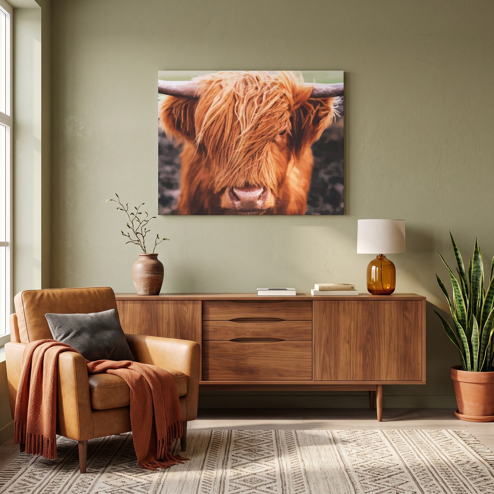 Tableau peinture par numéro Vache des Highlands accroché dans un intérieur décoré — Maison Artsen