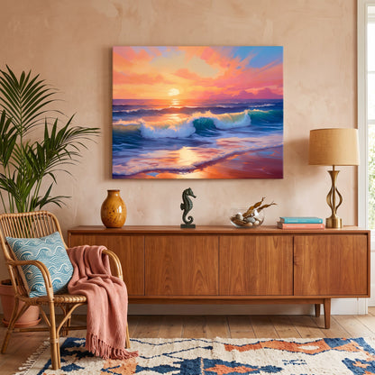Tableau peinture par numéro Vagues au Coucher de Soleil accroché dans un intérieur décoré — Maison Artsen