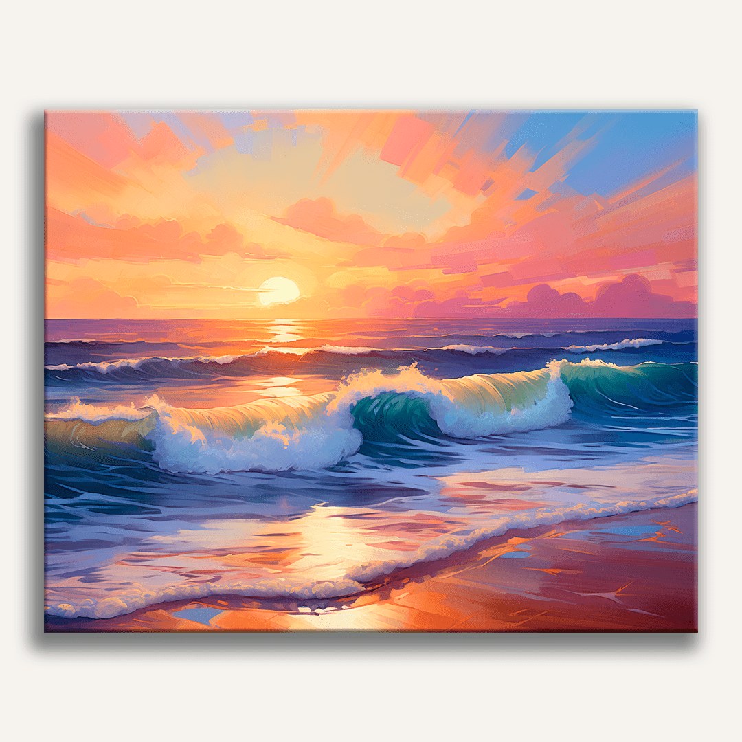 Peinture par numéro adulte Vagues au Coucher de Soleil, toile tendue 30×40 cm — Maison Artsen