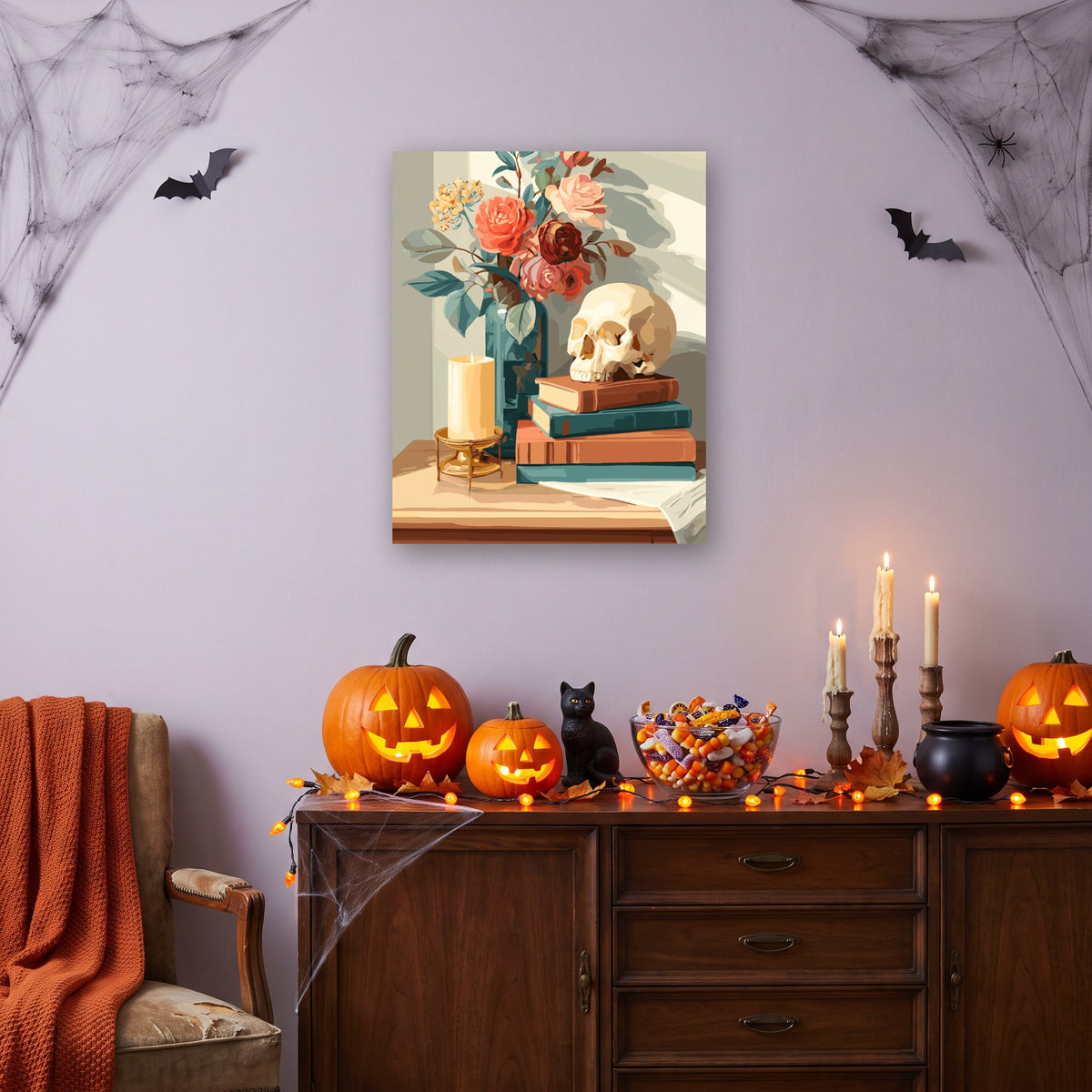 Tableau peinture par numéro Vanité Fleurie accroché dans un salon décoré pour Halloween — Maison Artsen