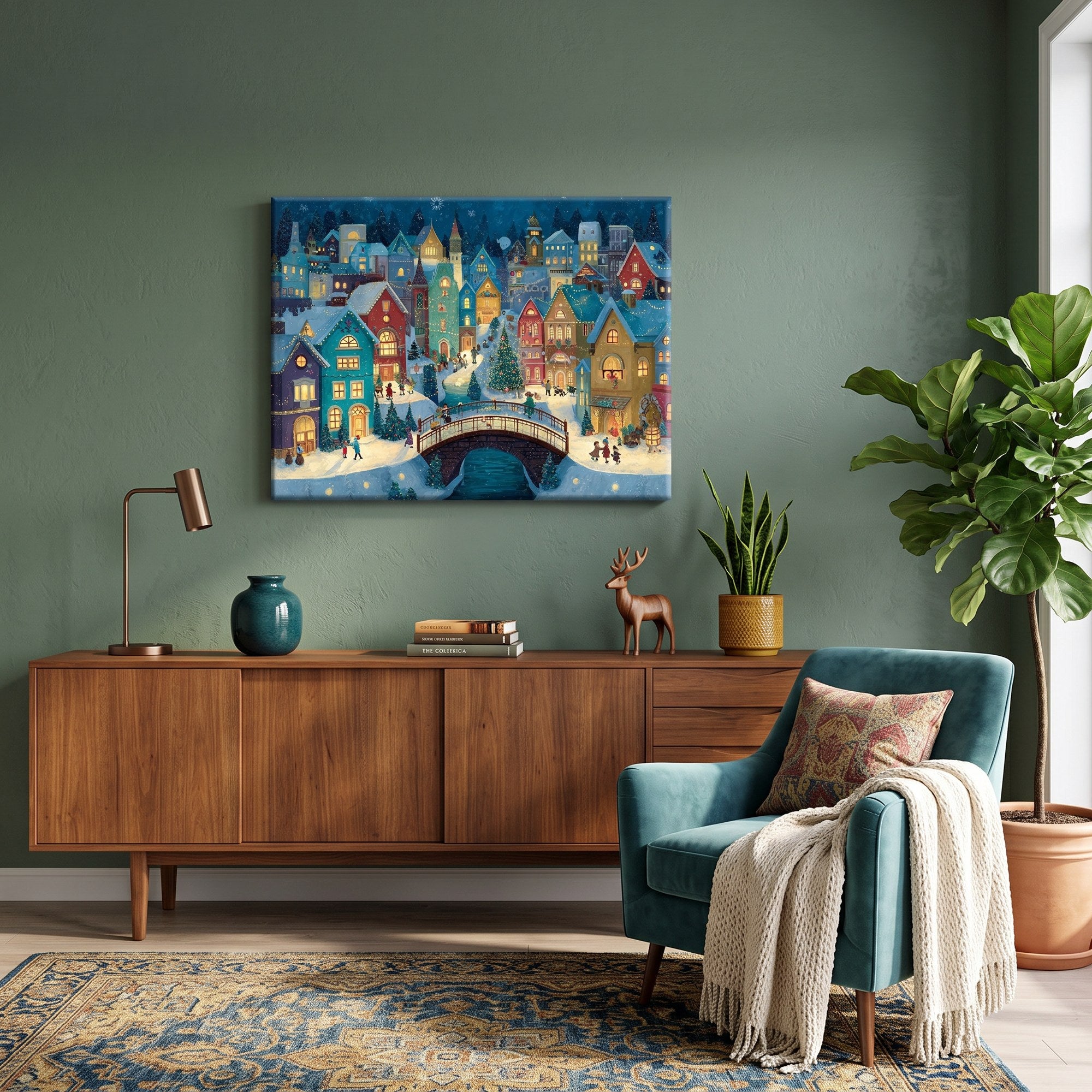 Tableau peinture par numéro Village de Noël Enneigé accroché dans un intérieur décoré — Maison Artsen
