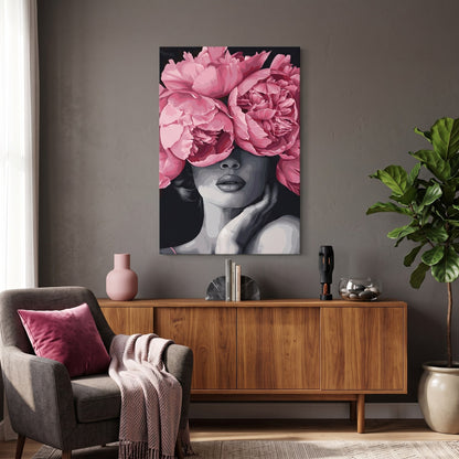 Tableau peinture par numéro Visage aux Pivoines accroché dans un intérieur décoré — Maison Artsen