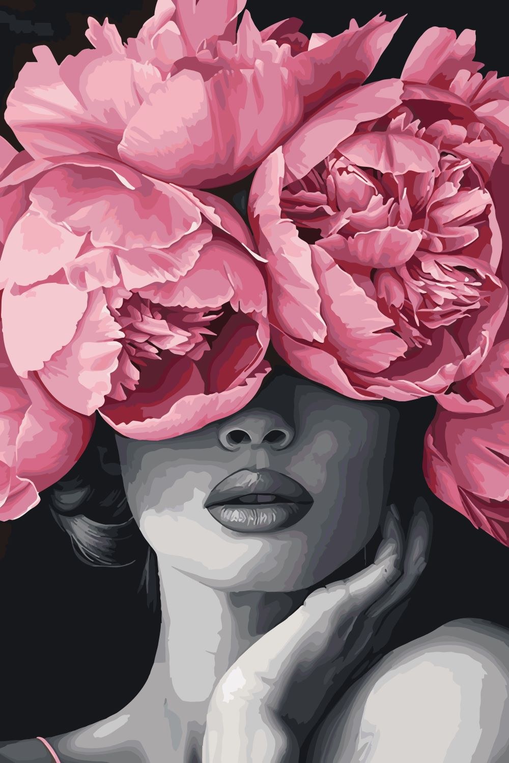 Modèle à peindre Visage aux Pivoines, peinture par numéro 30×40 cm — Maison Artsen