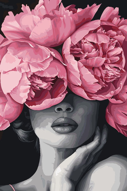 Modèle à peindre Visage aux Pivoines, peinture par numéro 30×40 cm — Maison Artsen