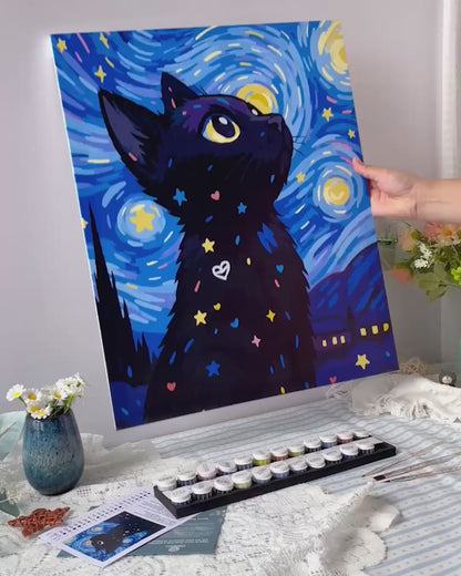 Chat dans la nuit étoilée | Peinture par numéro 30×40 cm